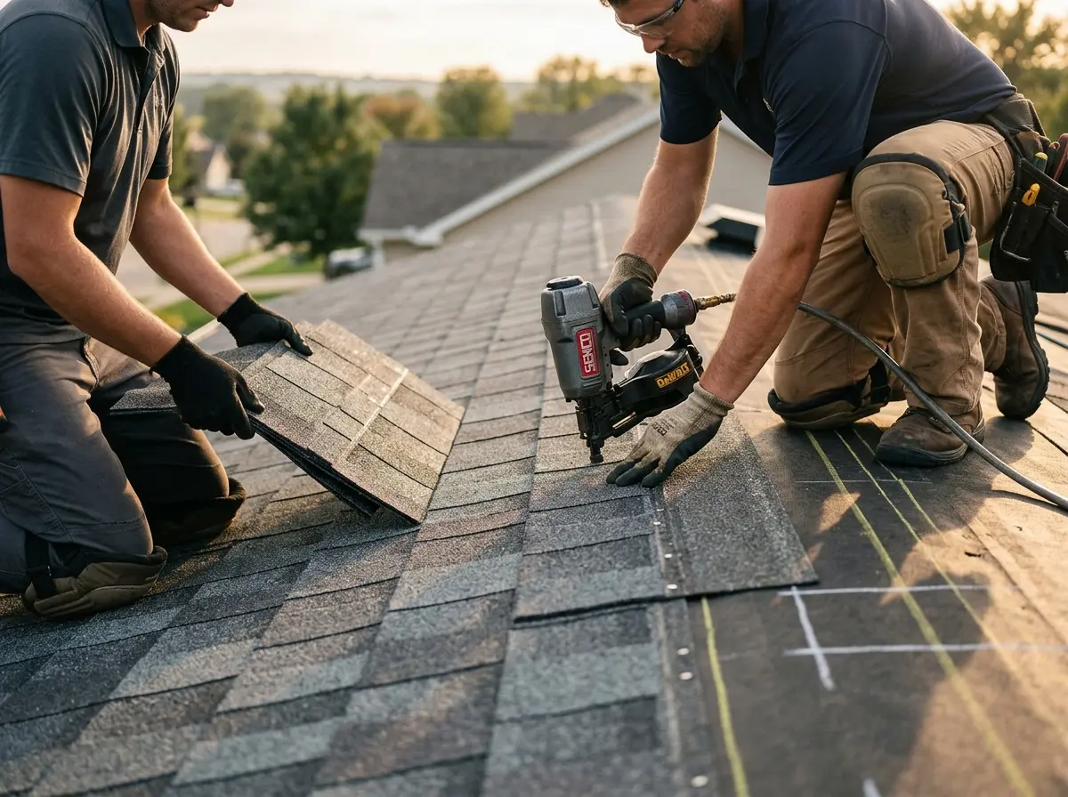 Professional roofer working on a residential roof in Granger